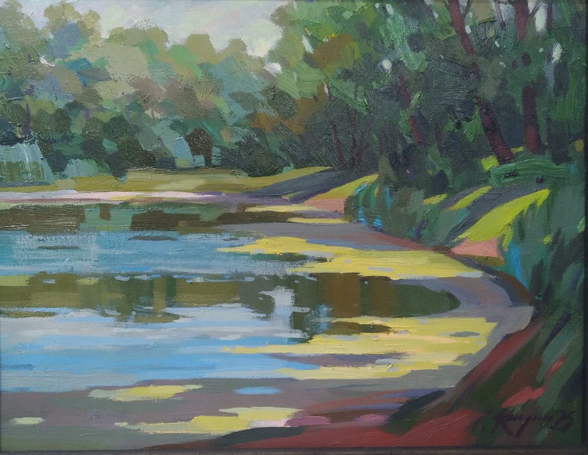 Impressionistic Landscape Acrylic Painting By Sergey Kachin, 28 X 22", By The Lake, Original Artwork