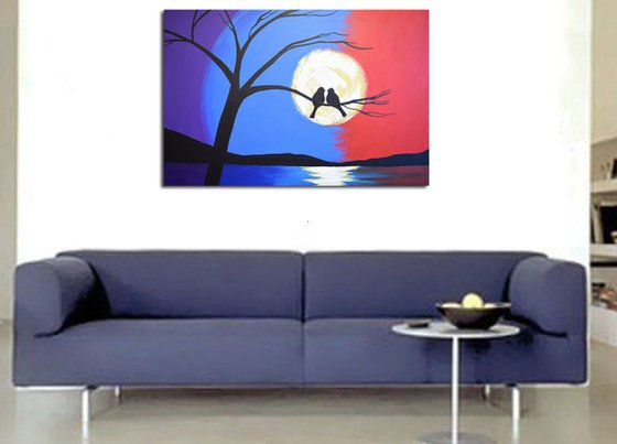 landscape painting love birds romance large wall art tree of life original abstract painting art canvas colour paint red yellow sky blue - 24 x 36 inches