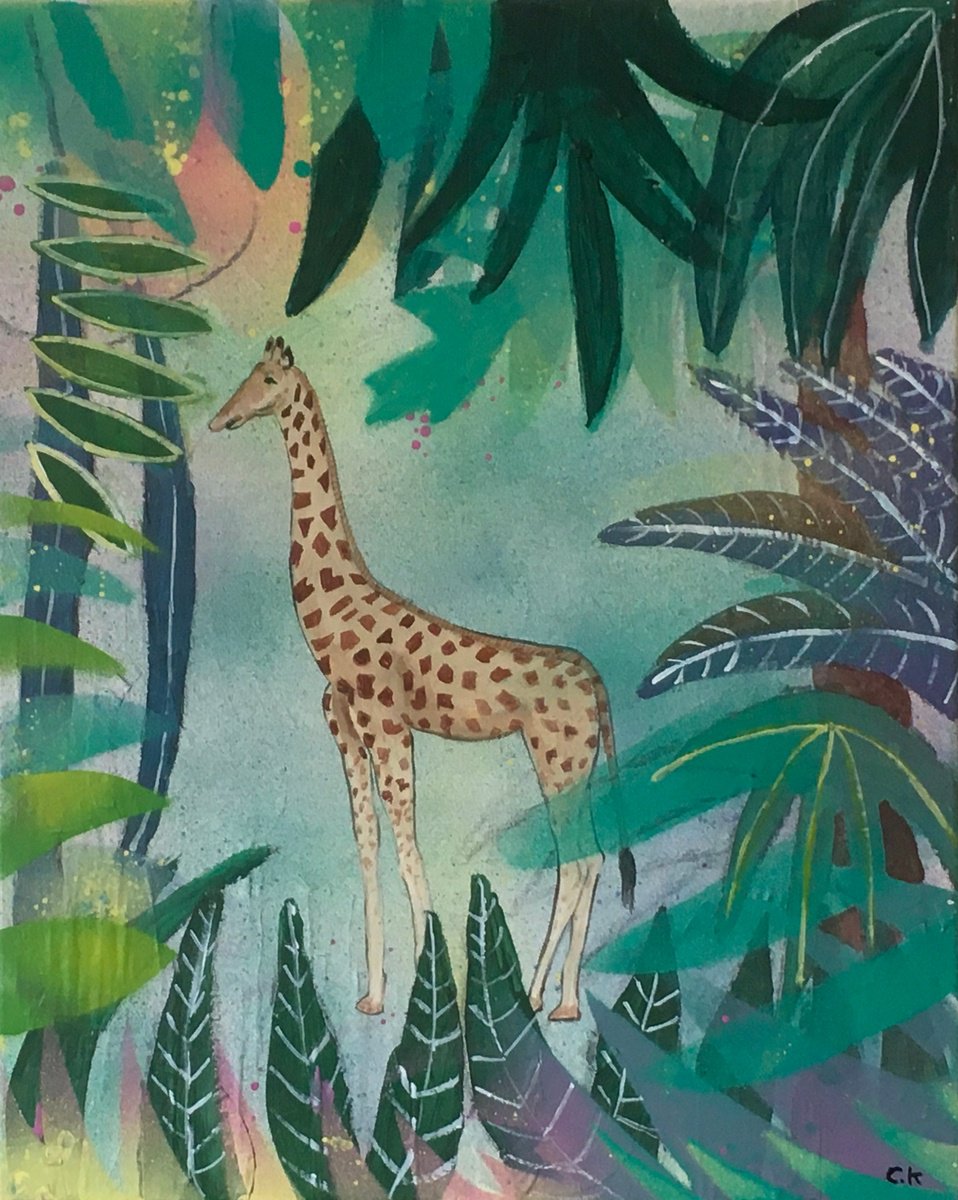 Illustrative Animal Painting By Chihiro Kinjo, 16 X 20, Giraffe In Jungle, Original Artwork