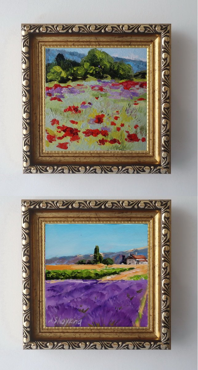 Set Of 2 Poppy And Lavender Field Landscapes By Natalia Shaykina, 5 X 5, Artwork For Sale On Artfinder