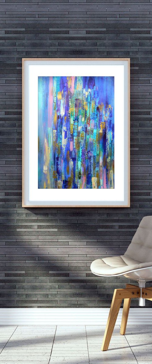 Peacocks Feathers (abstract in blues, greens and gold tones) by Carolynne Coulson