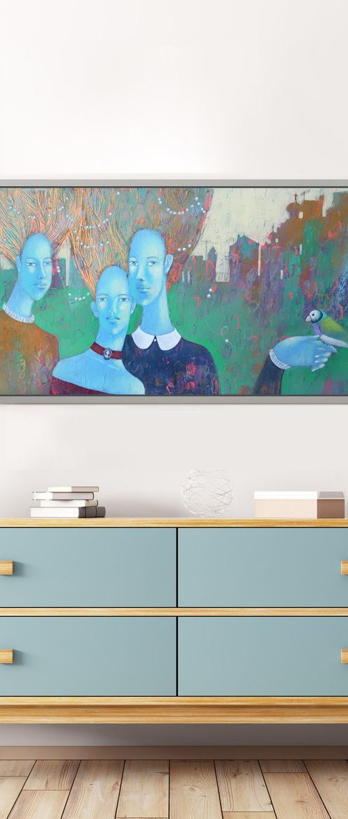 Three sisters: 80X40 cm acrylic on canvas board by Ayna Paisley