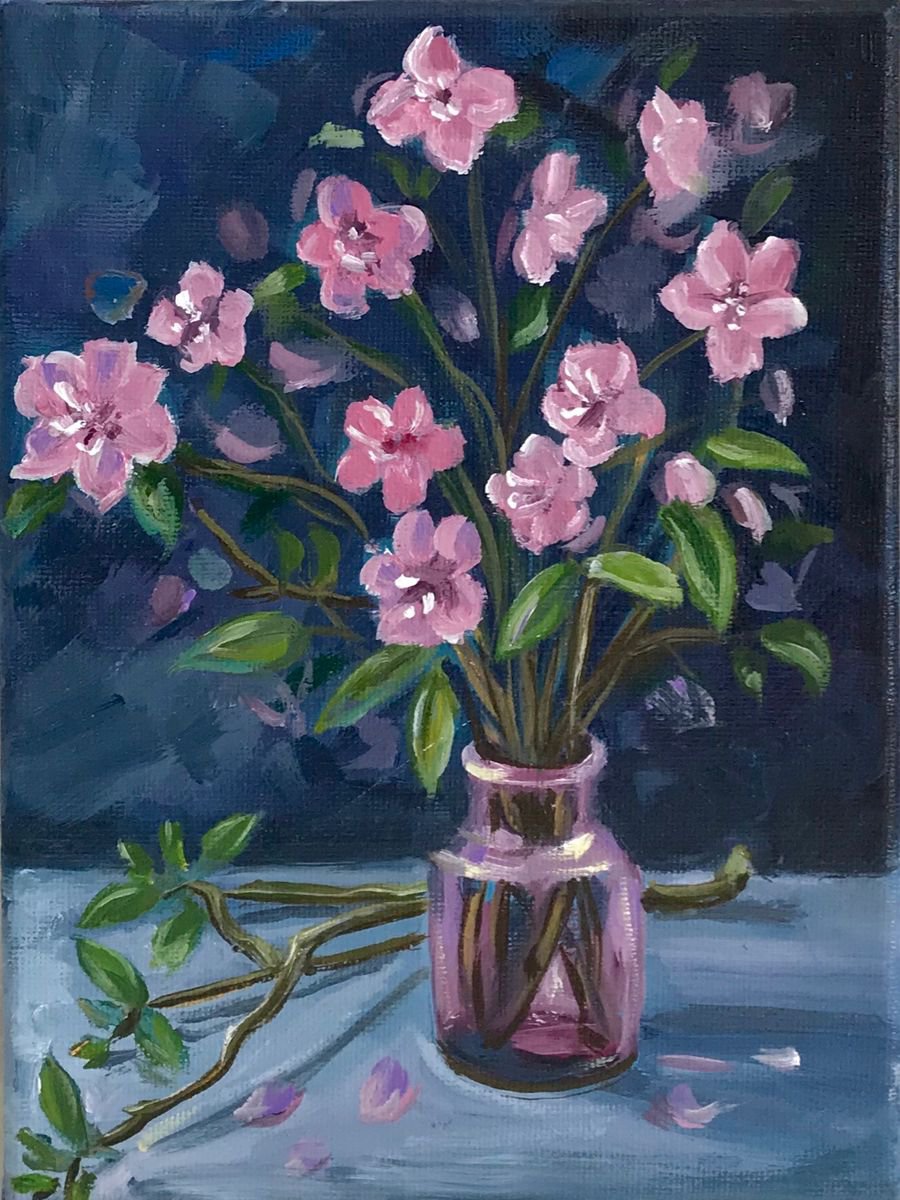 Pink flowers in bottle by Leysan Khasanova
