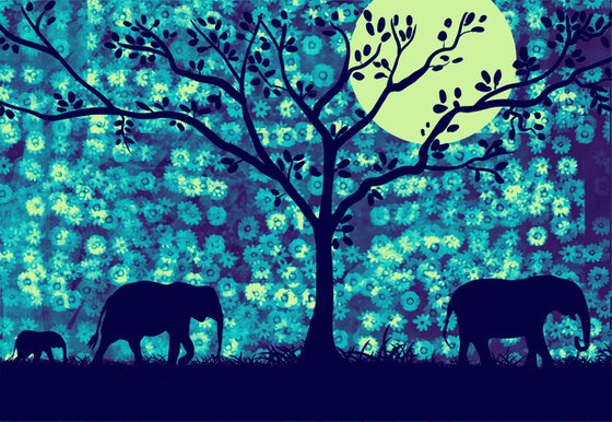 Elephants at Sunset africa animal elephant print floral Blue Edition