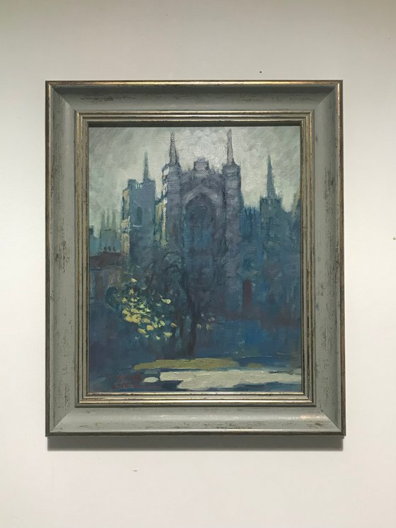 Original Oil Painting Wall Art Signed unframed Hand Made Jixiang Dong Canvas 25cm × 20cm Landscape Twilight Serenade at York Minster Small Impressionism Impasto