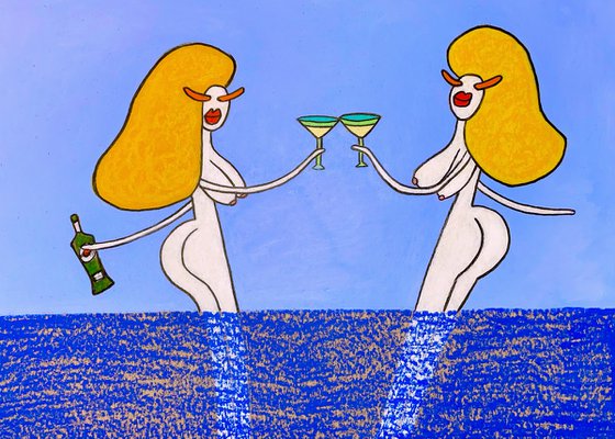 Girls with Martini in the summer sea