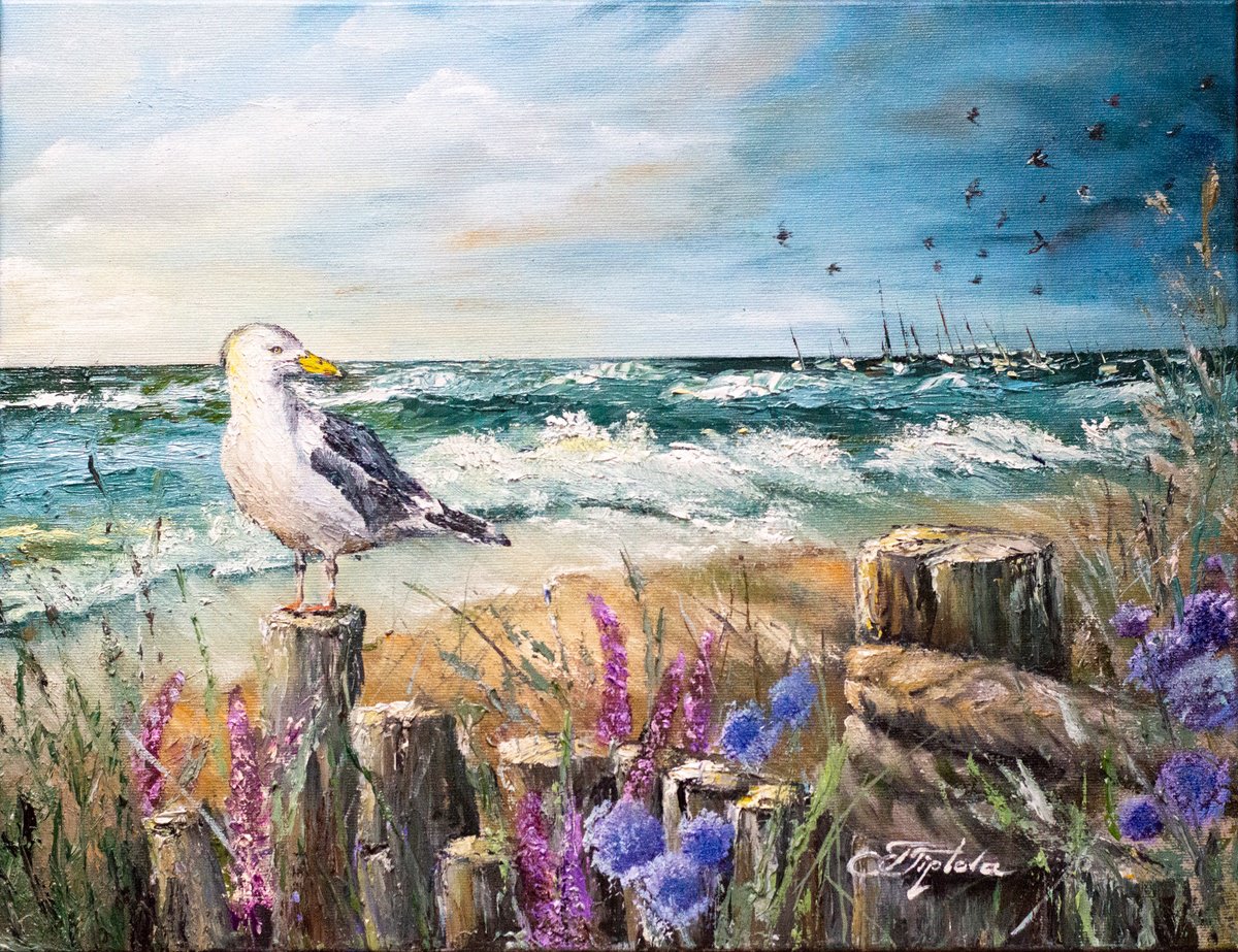 Impressionistic Landscape Oil Painting By Tetiana Tiplova, 18 X 14", The Seagull By The Sea, Original Artwork