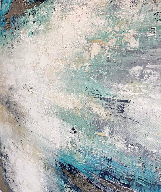 Light Of Day - Abstract White Grey Teal Silver Painting, Square Painting 32" Large Canvas, Minimalist Painting, Living Room Painting