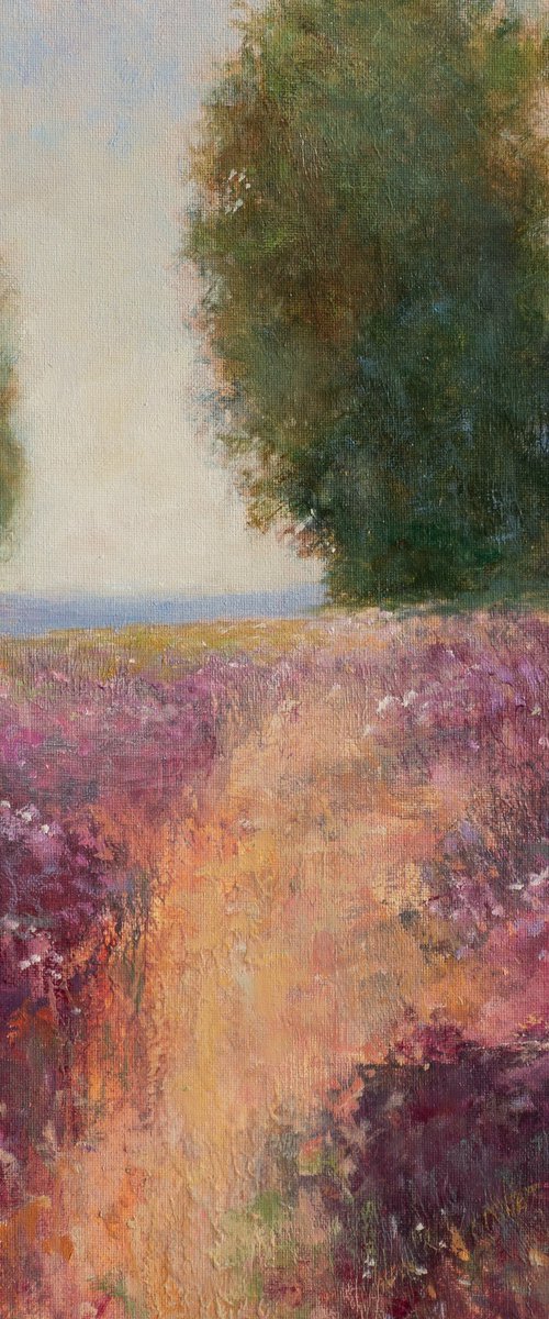 Pink Flower Field 220912, trees and road path impressionist landscape painting by Don Bishop