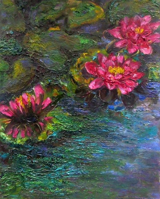 Pink Monet Style Original Oil on Canvas Painting Miniature Waterlily Impressionism Modern Floral Home Decor Fine Art/ Small Oil Painting 10x12in (24x30cm) Valentinas Gift for Her
