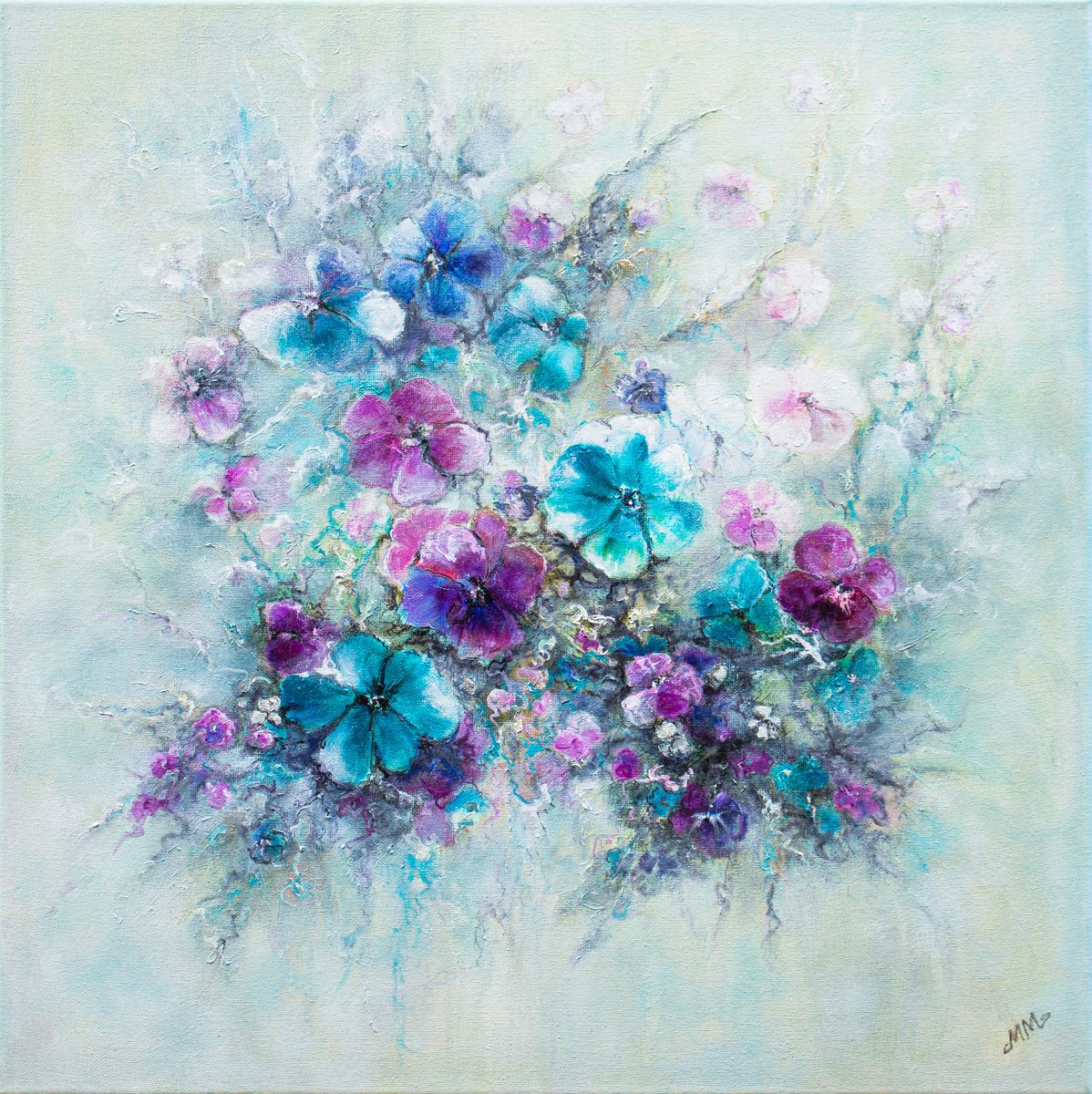 Organic Botanical Oil Painting By Mila Moroko, 24 X 24", Turquoise Rhapsody, Original Artwork