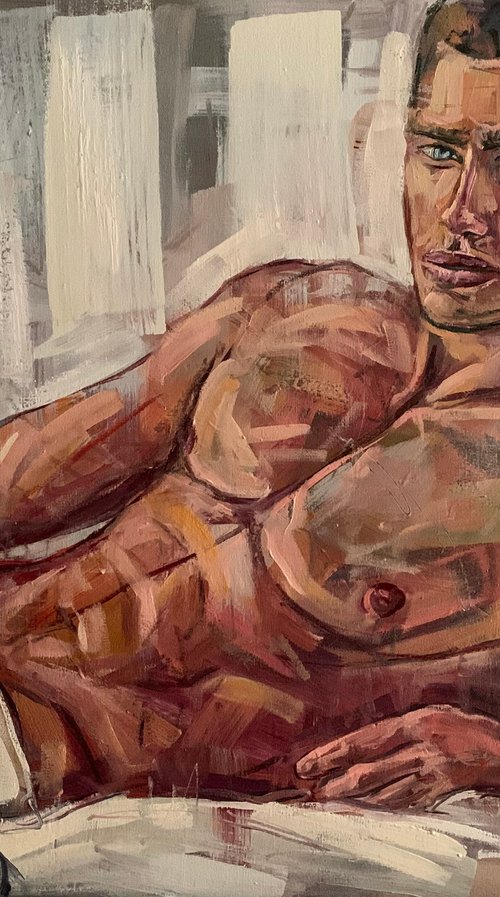 Naked man nude male lying down gay queer oil painting by Emmanouil Nanouris
