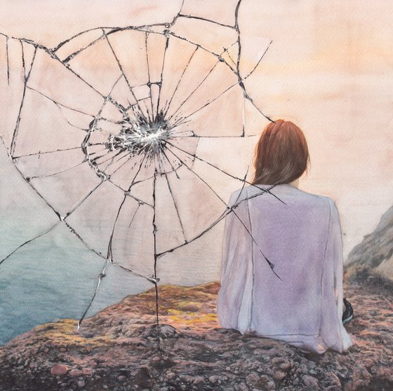 Melancholy with girl behind a broken glass II