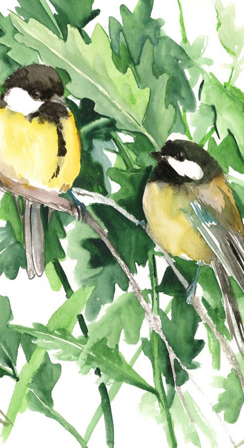Great Tit birds and Oak Tree by Suren Nersisyan