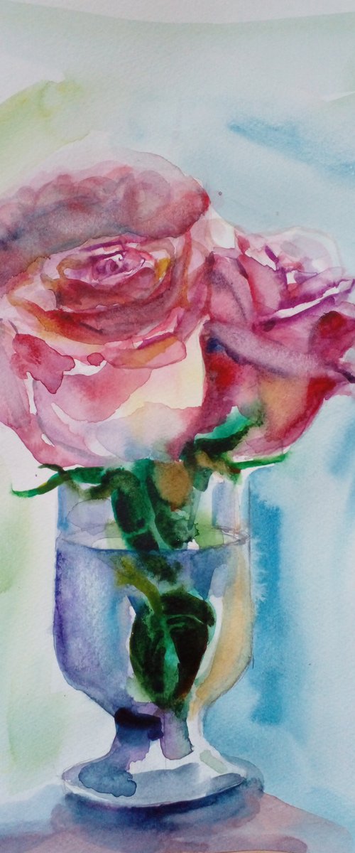 Three May Roses in a glass/study1 by Oxana Raduga