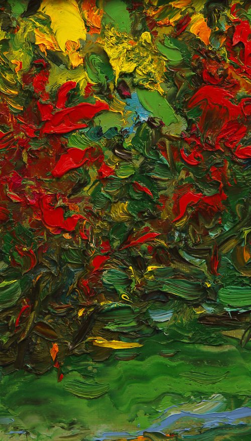 AUTUMN - original oil painting, green red coloured pond leaves, small size by Karakhan