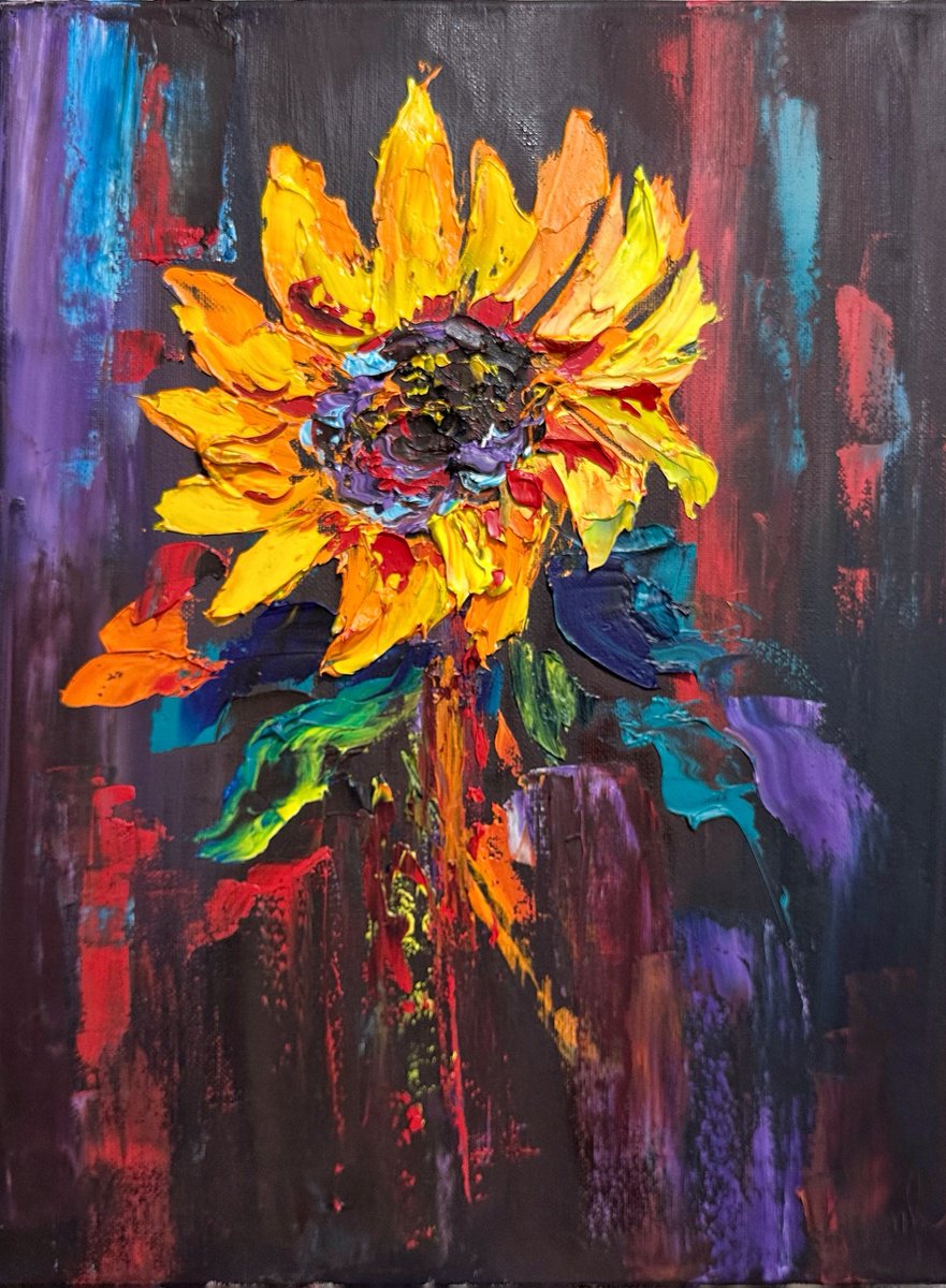 Impressionistic Botanical Oil Painting By Oksana Fedorova, 12 X 16", Sunflowers Black Background, Original Artwork