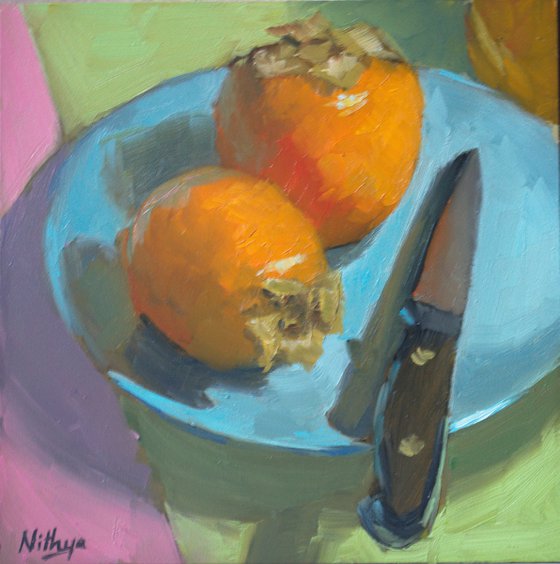 Small Painting - Persimmons on a plate! - Kitchen Decor, Home Decor