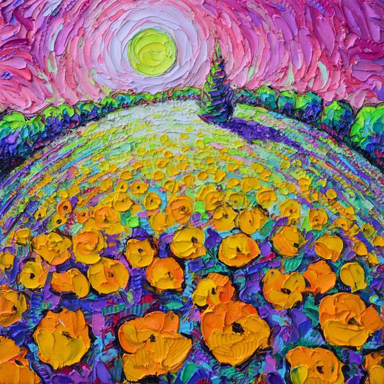 ORANGE POPPIES ROUNDSCAPE MYSTIC PINK NIGHT textural impressionist impasto palette knife oil painting by Ana Maria Edulescu