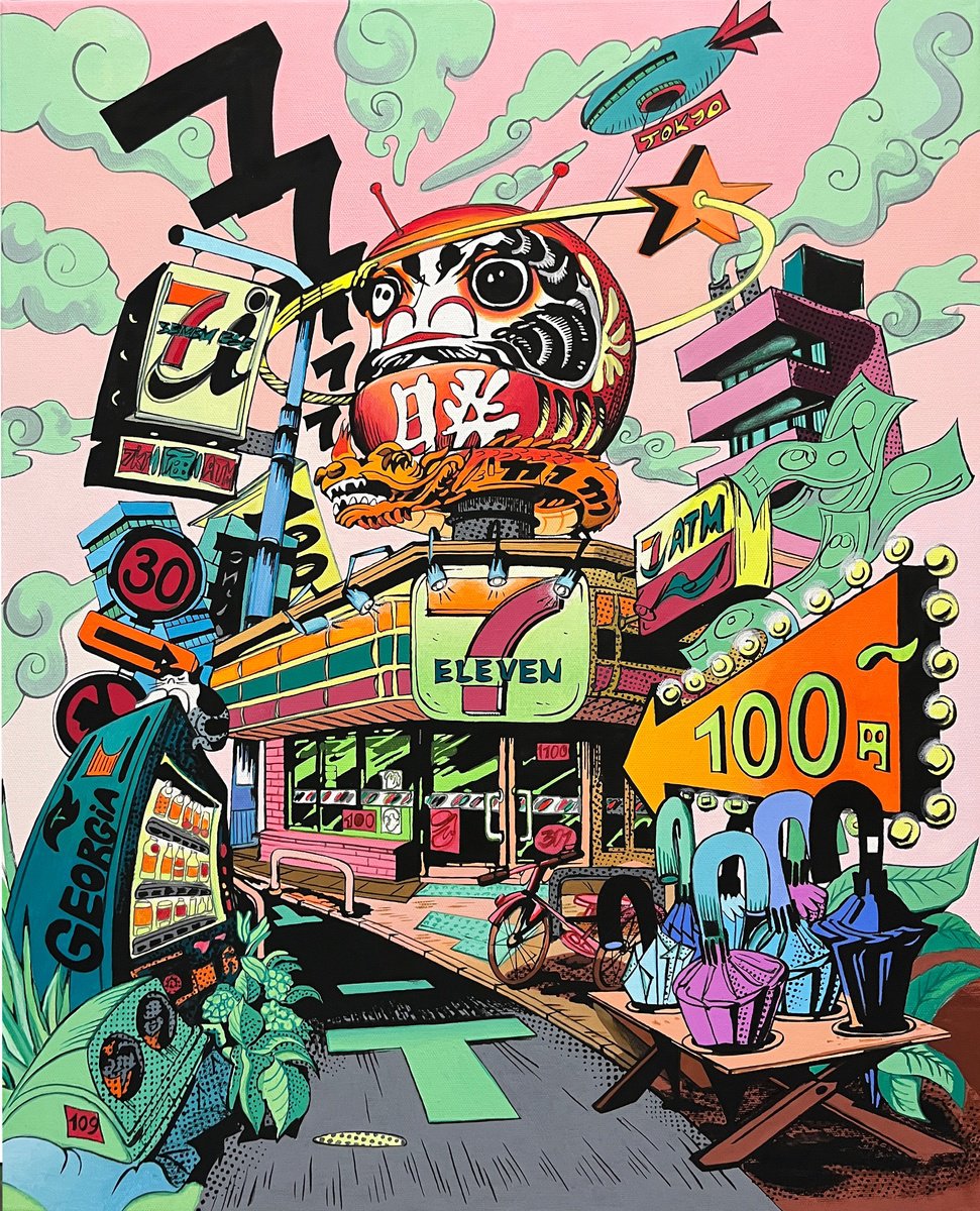 Urban And Pop Cityscapes Acrylic Painting By Pavs, 20 X 24", Daruma Seven-Eleven, Original Artwork