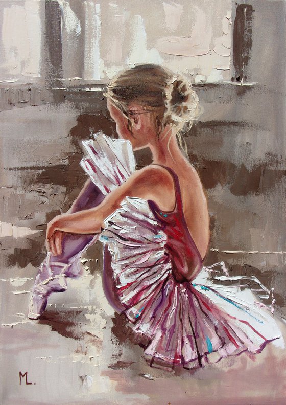 " LITTLE BALLERINA "- dancer liGHt ballet ORIGINAL OIL PAINTING, GIFT, PALETTE KNIFE