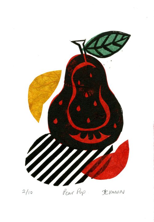 Pear Pop Linocut Print & Chine-collé 2 of 10 (pear design 1) by Catherine Cronin