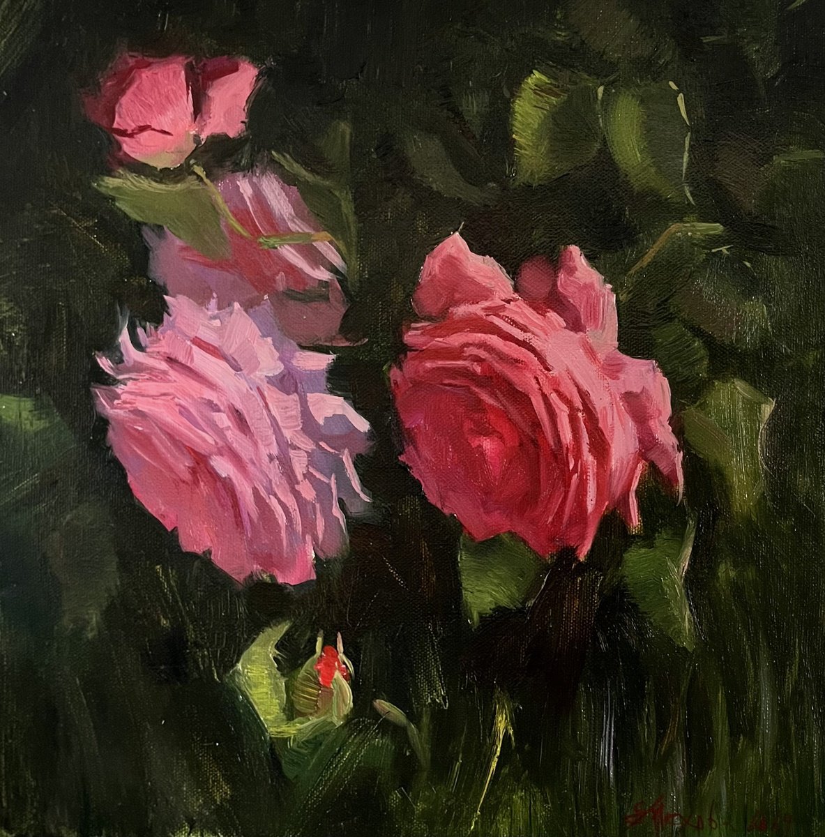 Impressionistic Botanical Oil Painting By Evgeniia Mekhova, 12 X 12, Pink Roses, Original Artwork