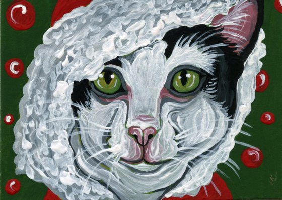 ACEO ATC Original Painting Christmas Elf Tuxedo Pet Cat Art-Carla Smale