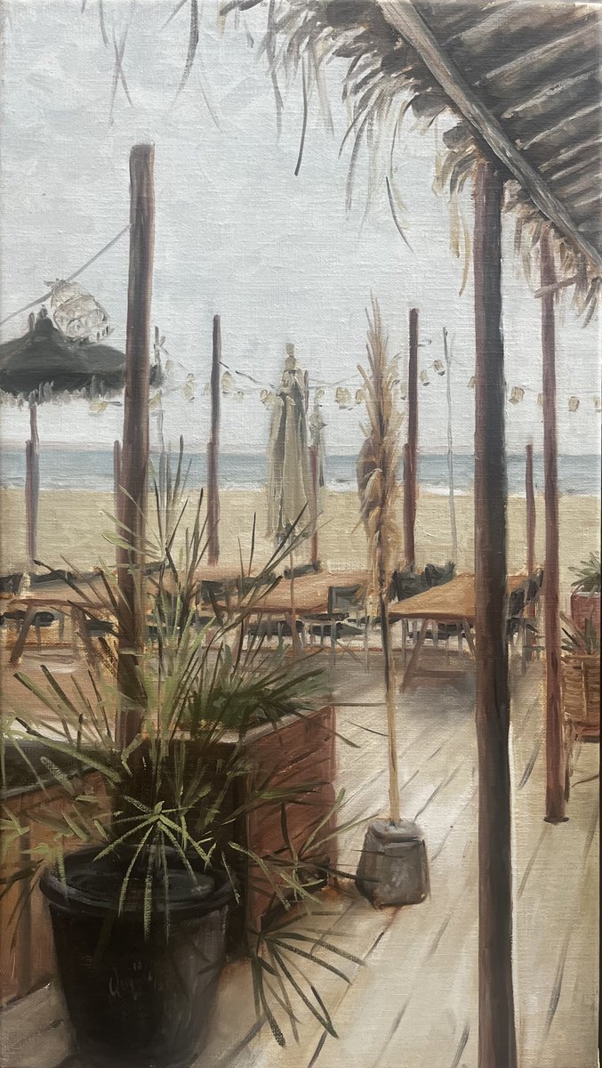 Impressionistic Cityscapes Oil Painting By Cedric Visser, 12 X 21, Opening The Beach Bar, Original Artwork
