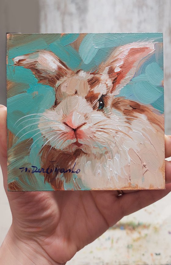 Cute rabbit painting original oil art 10x10 cm, White Bunny illustration on blue background nursery wall art