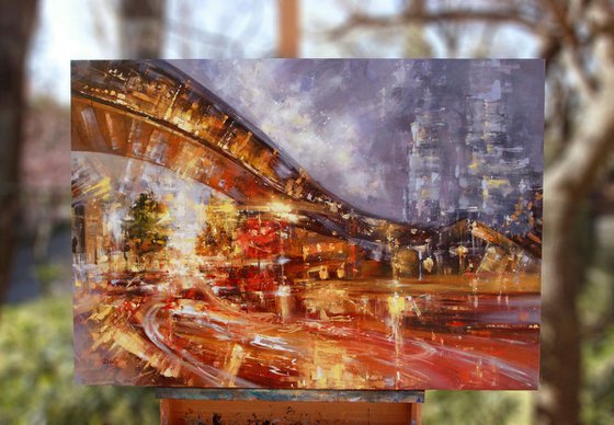 Fire Night - Cityscape Original Oil Painting on canvas 100 x 70 cm