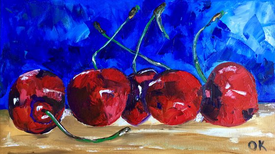 Cherries. Still life. Palette knife painting on linen canvas