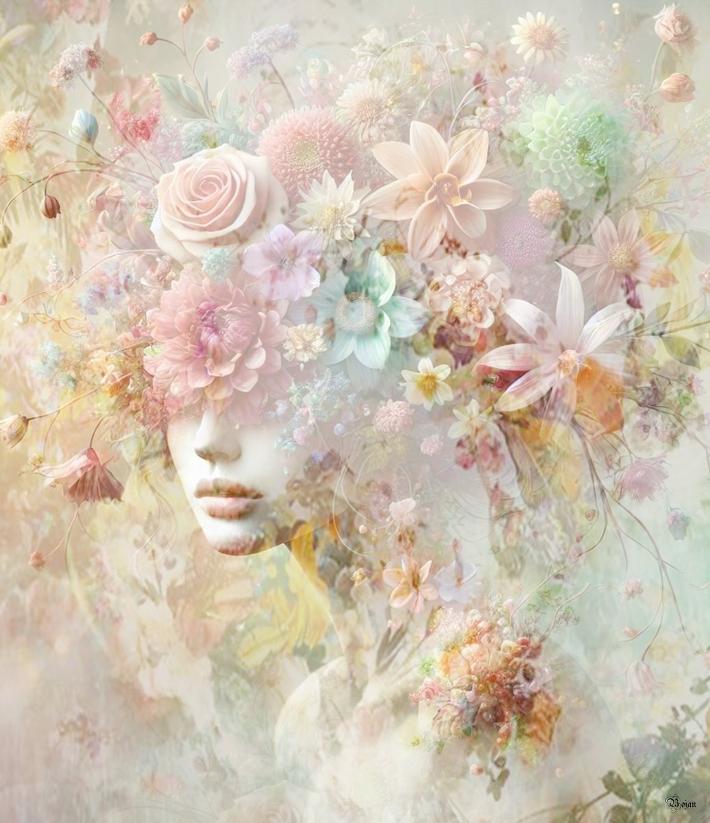 Illustrative Portrait Photograph By Bojan Jevtic, 37 X 43, Dreaming Of Flowers, Original Artwork