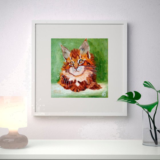 Ginger kitty, Cat Oil Painting Original Art Ginger Maine Coon Kitten Artwork Small Pet Portrait Wall Art