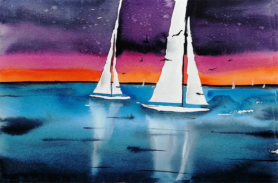 Sailboat painting. Seascape