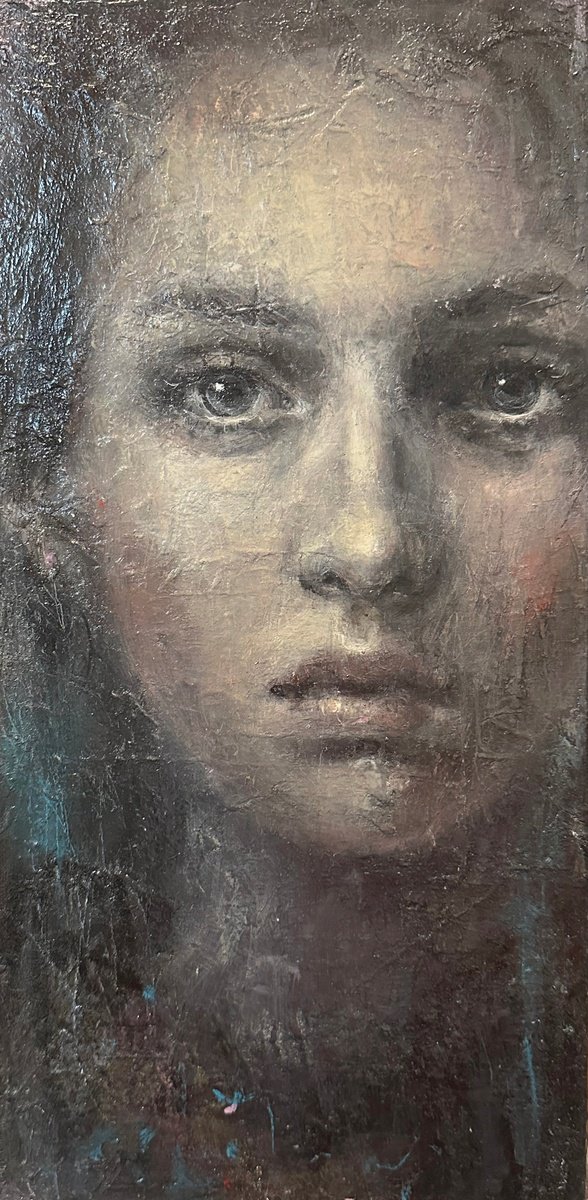 Surrealistic Portrait Oil Painting By Margarita Ivanova, 8 X 16", Eyes Contact, Original Artwork