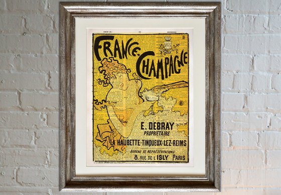 France Champagne - Collage Art Print on Large Real English Dictionary Vintage Book Page