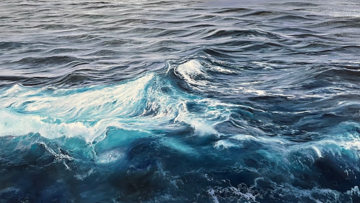 Photorealistic Landscape Oil Painting By Aflatun Israilov, 47 X 28, Dark Ocean Waters, Original Artwork