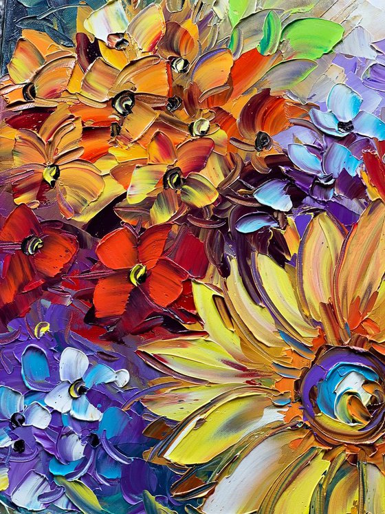 Flowers Oil Painting - Forever Radiant - Original Abstract Heavy Textured Palette Knife