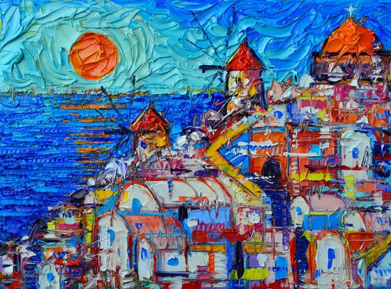ABSTRACT SANTORINI OIA SUNSET contemporary impressionist abstract cityscape miniature stylized city impasto palette knife original oil painting by Ana Maria Edulescu
