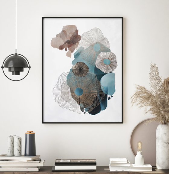 "Golden molecules 2" Blue gold abstract art
