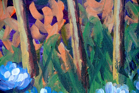 Very positive painting with bright trees and flowers original oil painting on canvas