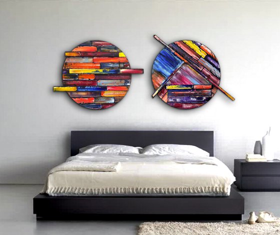 "The Gruesome Twosome" - Save As A Series - Original PMS Sculptural Oil Painting Assemblage Diptych On Circular Wooden Panels - 61 x 26 inches
