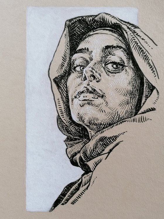 Woman in hood. Ink portrait