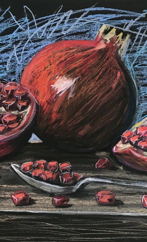 Pomegranates still life pastel drawing 27x39 cm by Leysan Khasanova