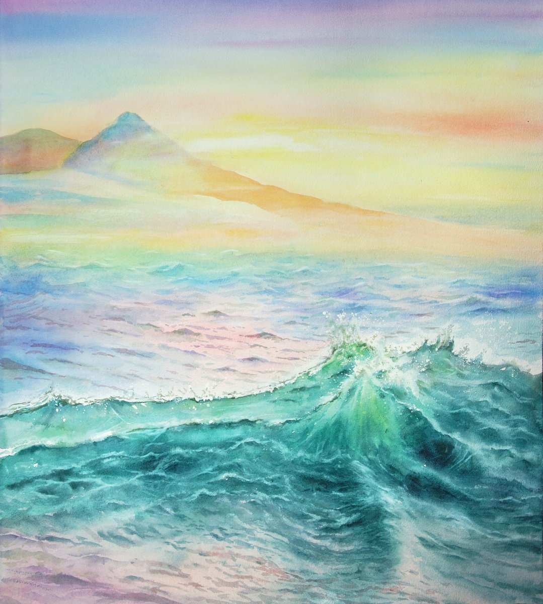 The Sea is Tender Only in the Early Morning - sea and sky - turquoise sea - pastel color by Olga Beliaeva Watercolour