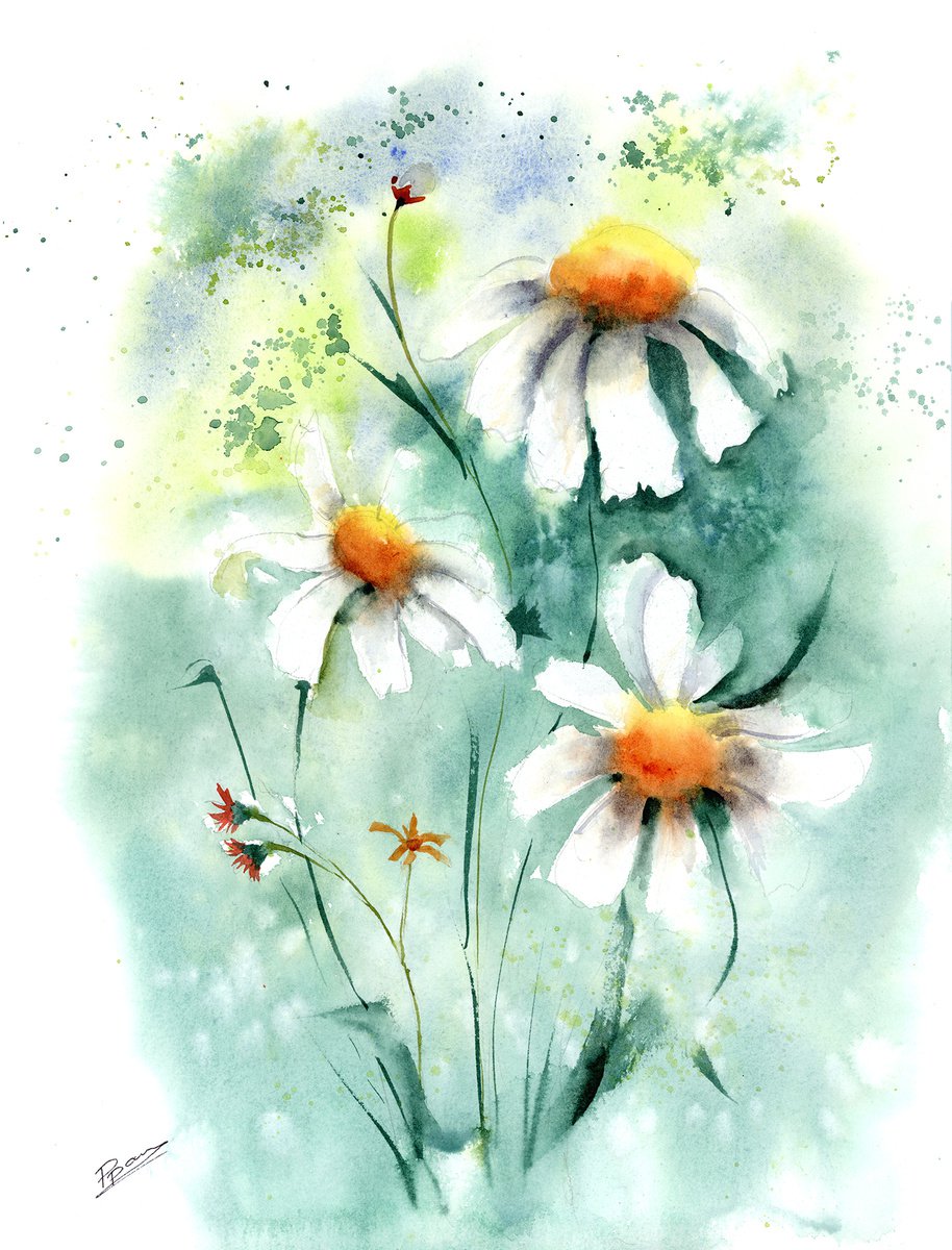 Daisies flowers (2 of 2) - Original Watercolor Painting by Olga Shefranov (Tchefranova)