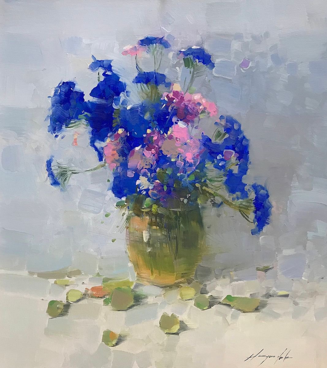Vase of Blue Flowers, Oil painting, One of a kind, Handmade artwork