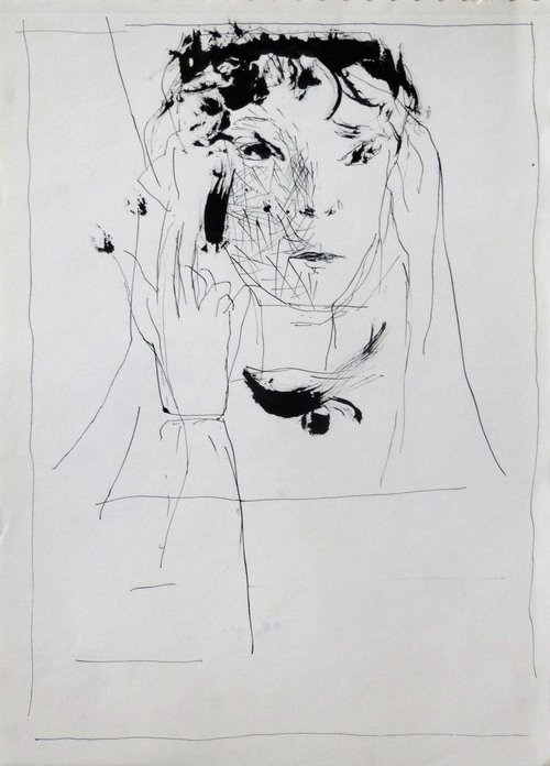 Woman's face 1 - ink drawing 29x41 cm by Frederic Belaubre