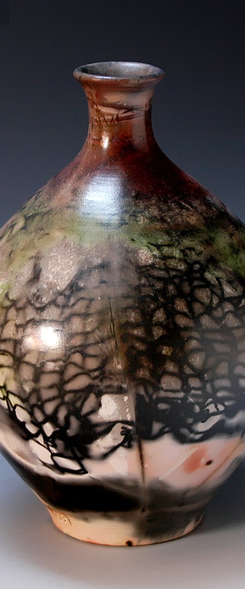 Raku Sagger fired bottle, one of a kind ceramics B137 by Ron Mello